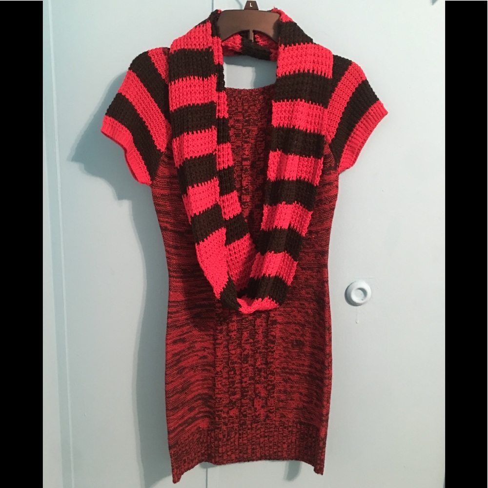 Red & Black Knit Dress W/ Knit Scarf